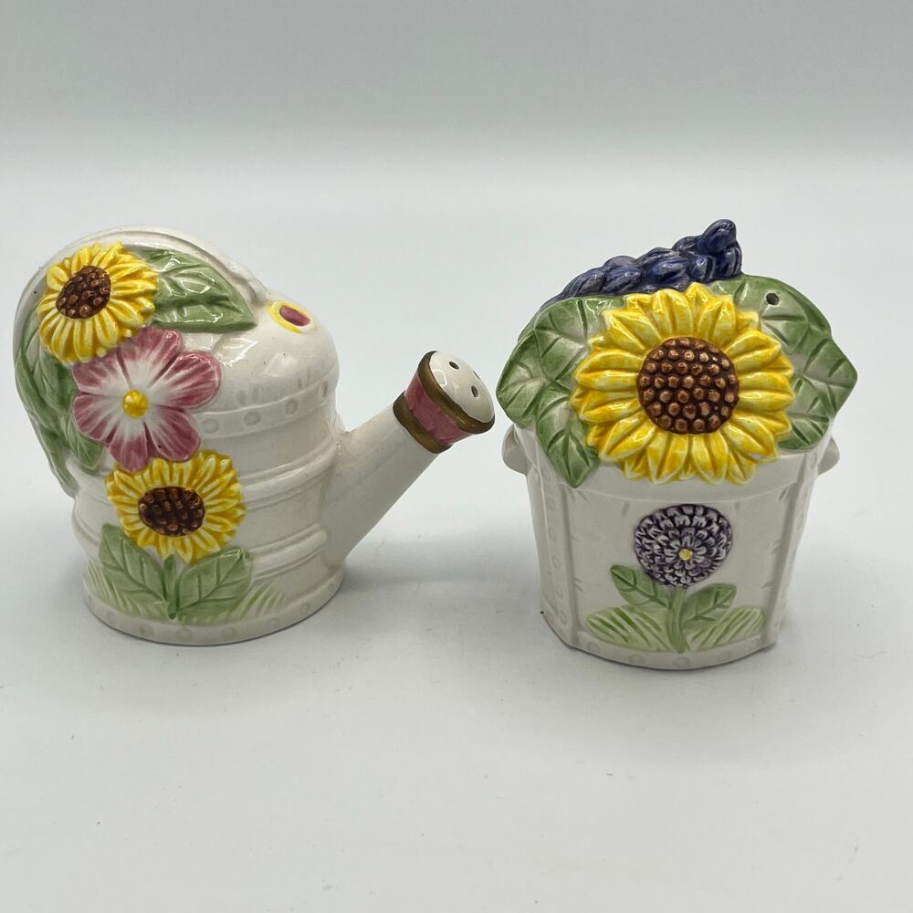 Vintage Salt & Pepper Shaker Sunflower Bucket & Watering Can Ceramic Omnibus
